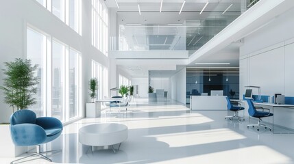 Fototapeta premium Illustration of interior design with modern minimalist white and blue colors in an open office interior. AI generated images