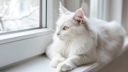 White cat sitting on windowsill, looking into the distance through a white window