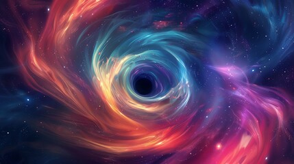 A black hole in space with bright, colorful nebulae around it.