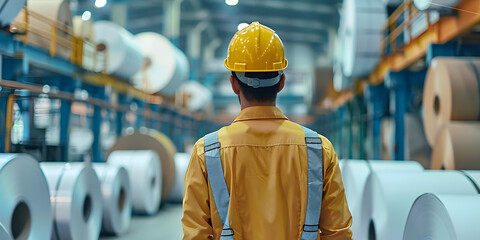 Industrial worker in pulp paper plant emphasizing safety and production processes. 