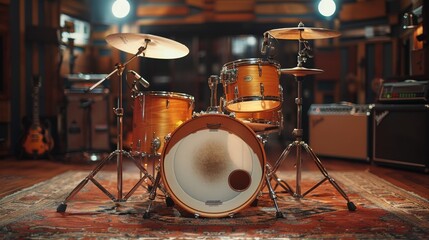 Naklejka premium A Close up of a Drum Set On a Rug in Front of a Guitar Amp - Generative AI