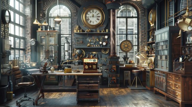 A steampunk study room with industrial-style furniture, brass accents, and vintage-inspired gadgets.