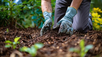 A gardener wearing gloves and planting soil amendment during the morning with soft natural lighting, medium shot