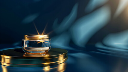 Cosmetic cream in a glass jar on blue backdrop. Skin care concept. Background for beauty products