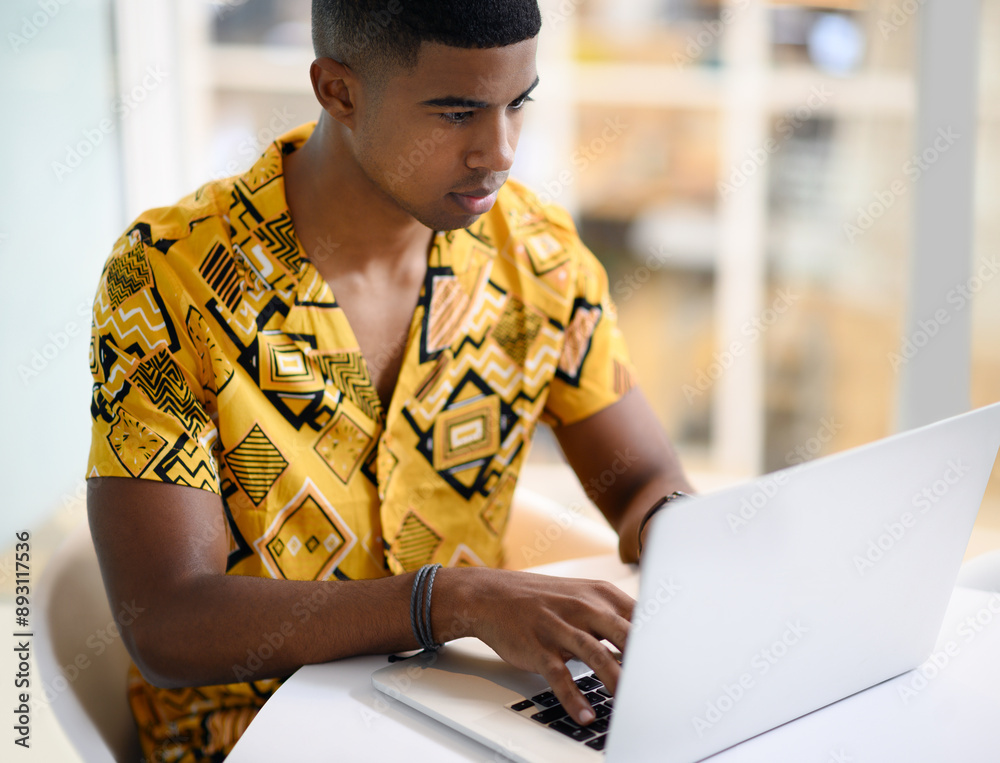 Poster business, man and typing on laptop at desk for email feedback, communication and networking. digital