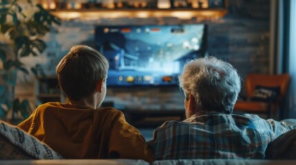 Obraz premium Bonding over games grandfather and grandson enjoying console play together on the couch