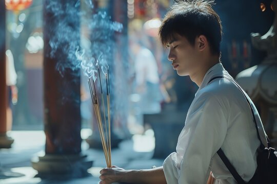 A man is praying with incense sticks in the temple. A side view of an Asian man wearing a white shirt and black bag is holding burning incense sticks while kneeling down for prayer at a Buddhist shrin