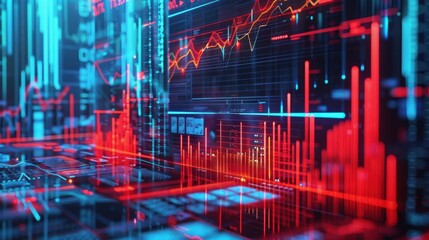 Fototapeta premium Bar chart analysis, stock market crash, red alert, holographic data, futuristic tech display