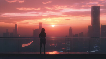 A city skyline at sunrise, with a person on a stretching as they wake up. The sky is filled with hues of pink and orange, and the city below is just beginning to come to life