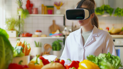 A dietitian using glasses to immerse clients in educational experiences about personalized nutrition, showing models of food and their nutritional impacts
