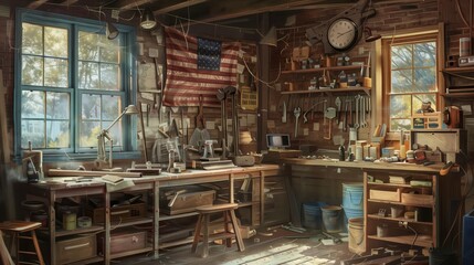 a workshop setting with tools on a wooden bench and a USA flag in the background. 