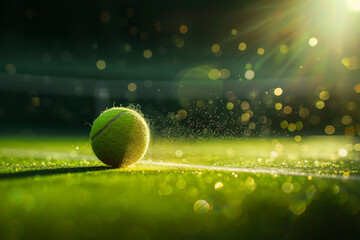 Tennis ball flying on the tennis court, a tennis match in progress, in the style of a tennis stadium background