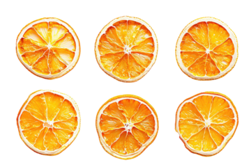 Set or collection of dry round orange slices isolated in a transparent background. Cut out or PNG. 