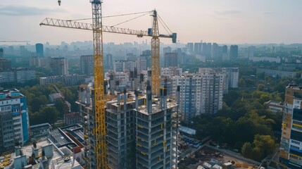 Obraz premium A tower crane on a construction site. Building residential structures. Panoramic view of skyscraper construction. Modern cityscape.