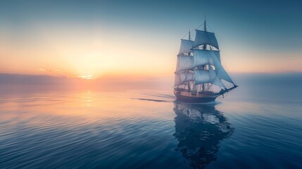 Obraz premium A Large Sailing Ship in the Middle of a Large Body of Water at Sunset - Generative AI