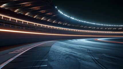 Illuminated night stadium with a curved asphalt racing track. A professional digital 3D illustration of racing sports. 