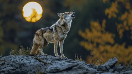 Obraz premium A Lone Wolf Standing on Top of a Rocky Hill With the Sun Setting In the Background - Generative AI