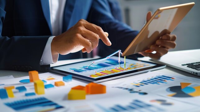Businessman using tablet analyzing sales data and financial report, business growth graph chart. digital marketing planning and strategy, financial report, business. copy space for text.
