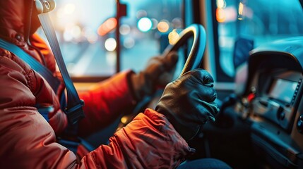 Obraz premium Close up of hand bus driver fastening seatbelt. Image of hand.