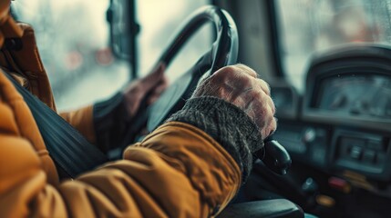 Obraz premium Close up of hand bus driver fastening seatbelt. Image of hand.