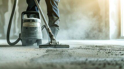 construction cleaning service. dust removal with vacuum cleaner. Copy space image. Place for adding text or design. copy space for text.