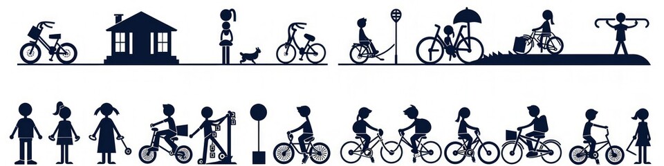 Elegant black education icons on white, showcasing students engaged in outdoor activities.