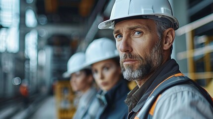 A group of construction workers wearing hard hats stand inside a large industrial site