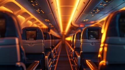 Fototapeta premium A View of an Airplane Cabin With Rows of Seats and a Row of Overhead Compartments - Generative AI