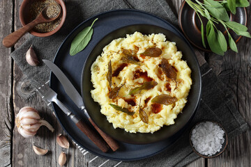 Brown Butter Potato Mash with fried sage leaves