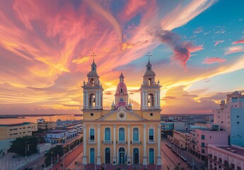 Fototapeta premium the cathedral ofaticio in cap👟, premium photography, sunset sky, cityscape of the place and marina behind it, cuba in latin america, panorama of a church with two towers, 
