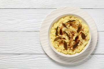 Brown Butter Potato Mash with fried sage leaves