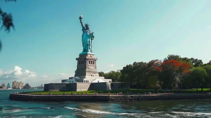 Fototapeta premium A Statue of Liberty in the Middle of a Body of Water Surrounded by Trees - Generative AI