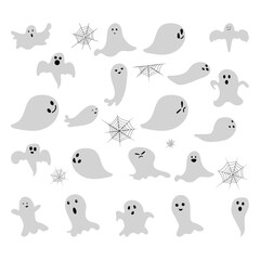 set of cute ghosts scary monster autumn holiday halloween spooky spirit flying ghost icons with cute spooky happy and funny faces poster or banner vector illustration