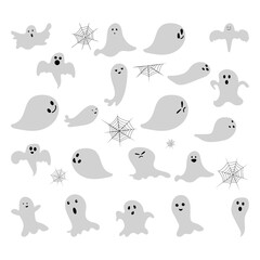 set of cute ghosts scary monster autumn holiday halloween spooky spirit flying ghost icons with cute spooky happy and funny faces poster or banner