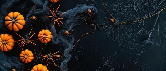 Halloween Decor with Pumpkins, Spiders, and Cobwebs