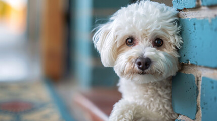 A curious bichon frise dog peeking around the corner, showing its playful and alert nature. Suitable for pet care, animal behavior, and domestic lifestyle content.