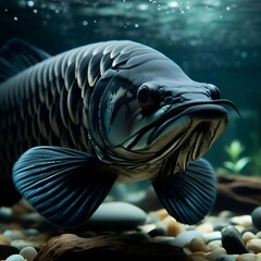 Large black arowana fish in the aquarium with rare colors
