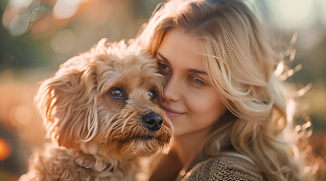 A woman with a dog smiles and affectionately strokes her beloved dog