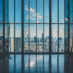 Sunny Cityscape View through Large Windows with Blue Sky