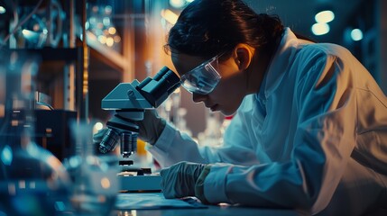 A person engaged in predictive analytics research in a high-tech lab during the evening, close-up shot