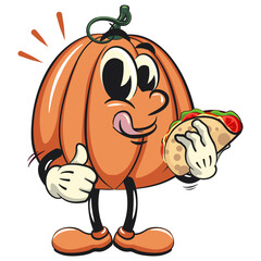 character of a cute pumpkin cartoon vector isolated clip art mascot illustration carrying a taco while giving a thumbs up, work of hand drawn