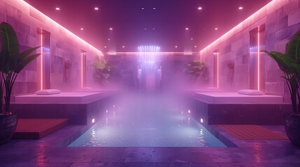 Modern Spa with Pink Lighting and Steam. Modern spa with pink lighting, steam, and relaxing beds, creating a luxurious and calming environment.
