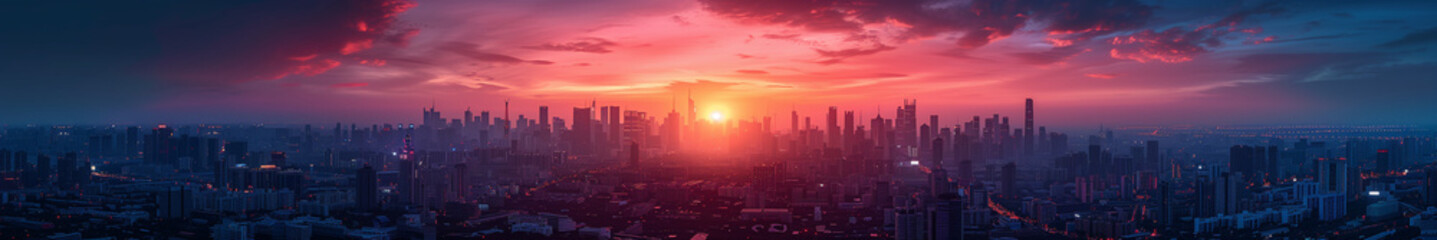 Fototapeta premium Animated Movie Style: Parallel Perspective Dusk Sky and City Silhouettes