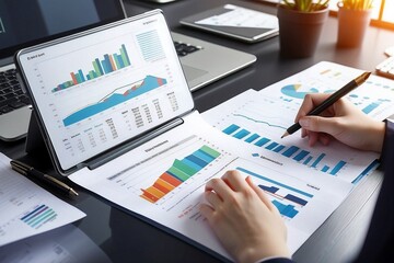 Businesswoman Managing Finances: Budgeting, Tax Calculation, and Financial Reporting with Growth Charts