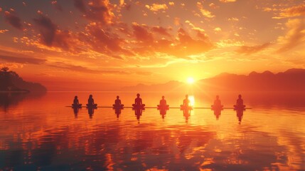 Fototapeta premium A Group of People Sitting on Top of a Body of Water With the Sun Setting Behind Them - Generative AI