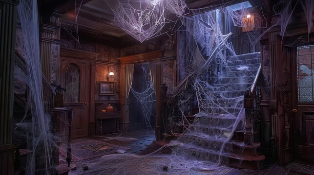 Photo realistic haunted house attraction, detailed spiderwebs, eerie Halloween activities, ultrarealistic, highdetail, chilling ambiance, spinetingling visuals