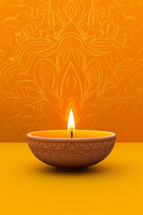 A vintage poster illustration celebrating Diwali with warm orange and gold hues featuring intricate diya and delicate mandala design 