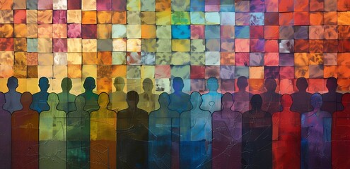A vibrant, colorful mosaic of human silhouettes in various shades and sizes arranged neatly on the canvas, creating an abstract representation of diversity. The artwork uses focus stacking, in the sty