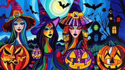 Pop Art Halloween party, witches in vivid attire, jackolanterns with bold designs, bats in the background, spooky yet vibrant, highdetail, energetic composition