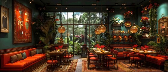 Obraz premium Luxury Restaurant with Tropical Vibes and Golden Accents